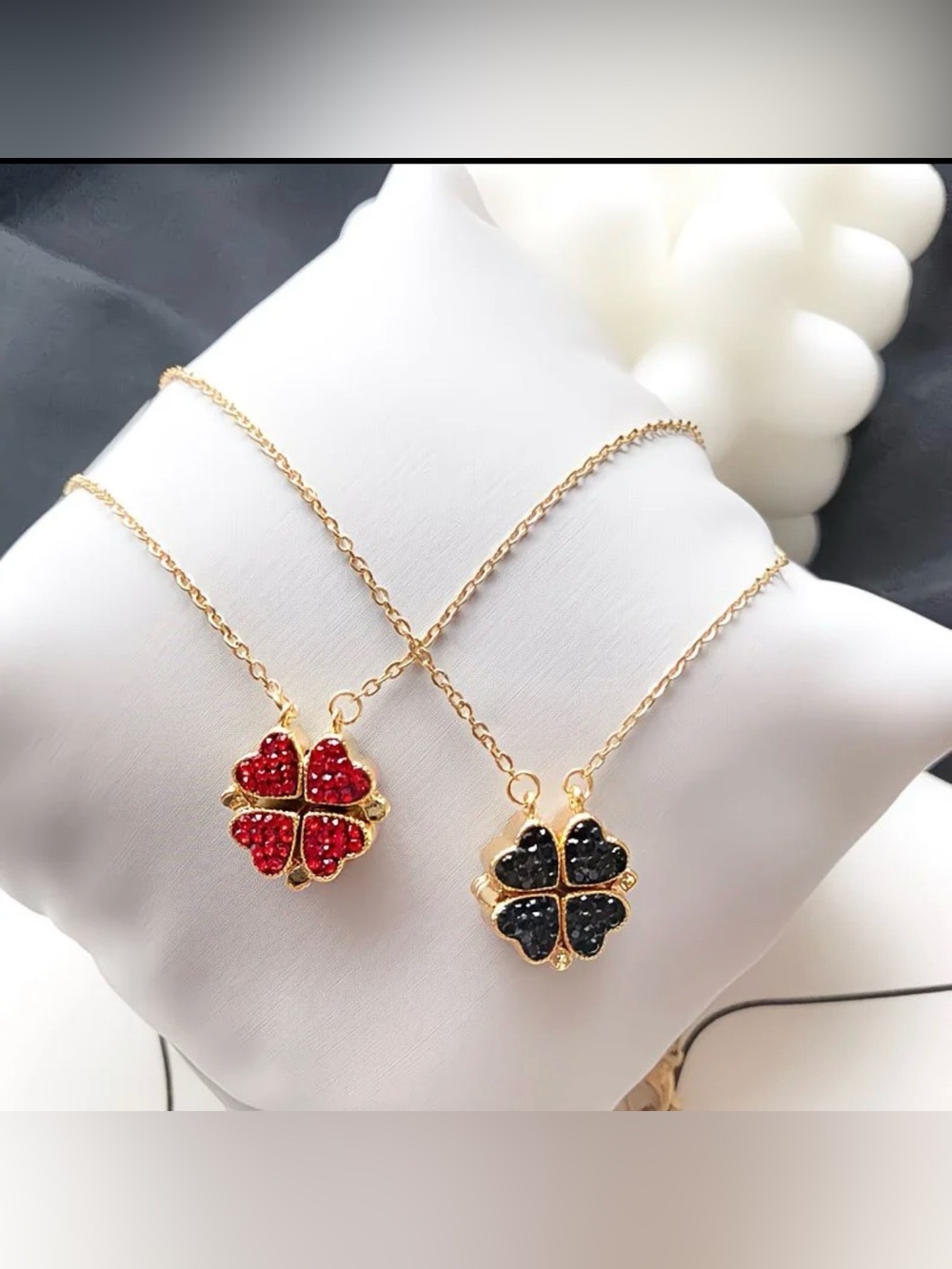 Gold Four-Leaf Clover Pendant Necklace Duo Sides Red or Black